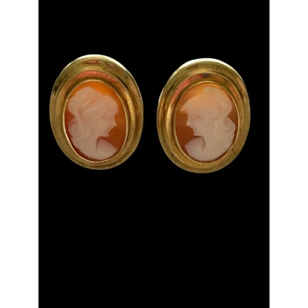 14k Yellow Gold Oval Carved Shell Italian Lady Head Cameo Earrings 4.0 Gram Vtg